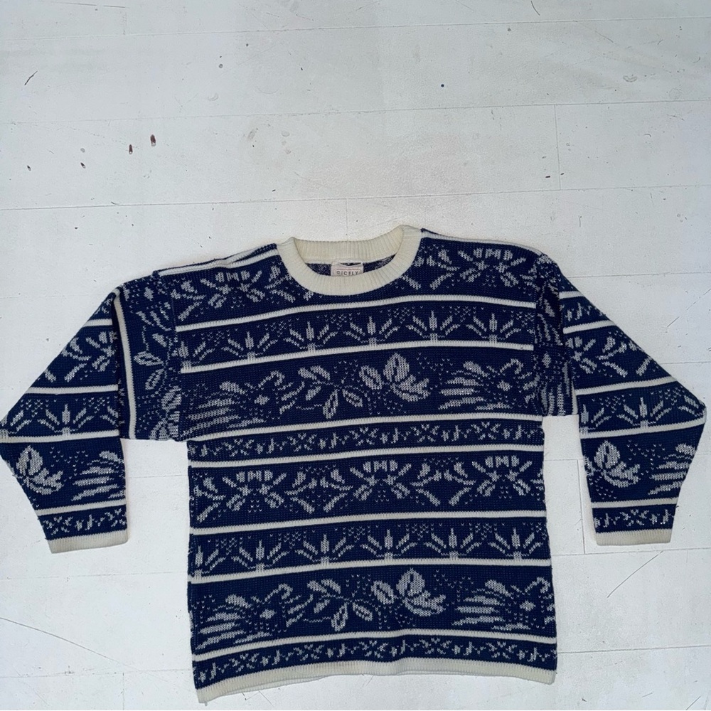Vintage Elegant Navy and Cream Patterned Crewneck Sweater Retro 80s 90s - Picture 6 of 6